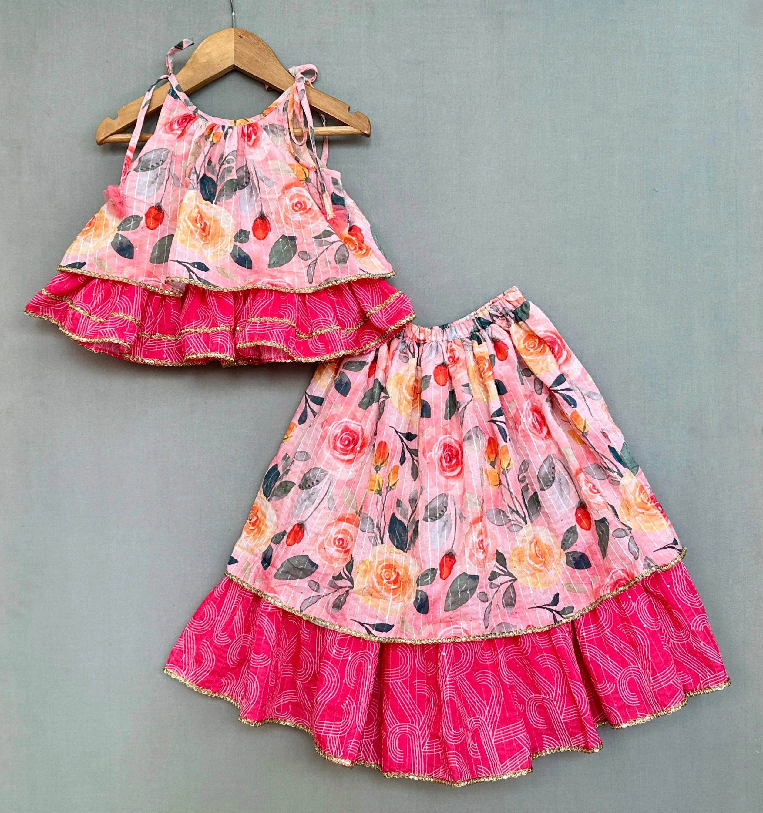 Pre-Order: Peach Blossom Print Tiered Lehenga With Top