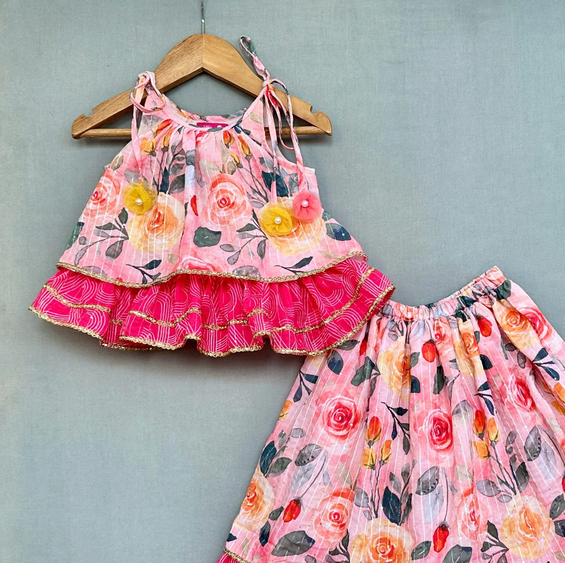 Pre-Order: Peach Blossom Print Tiered Lehenga With Top