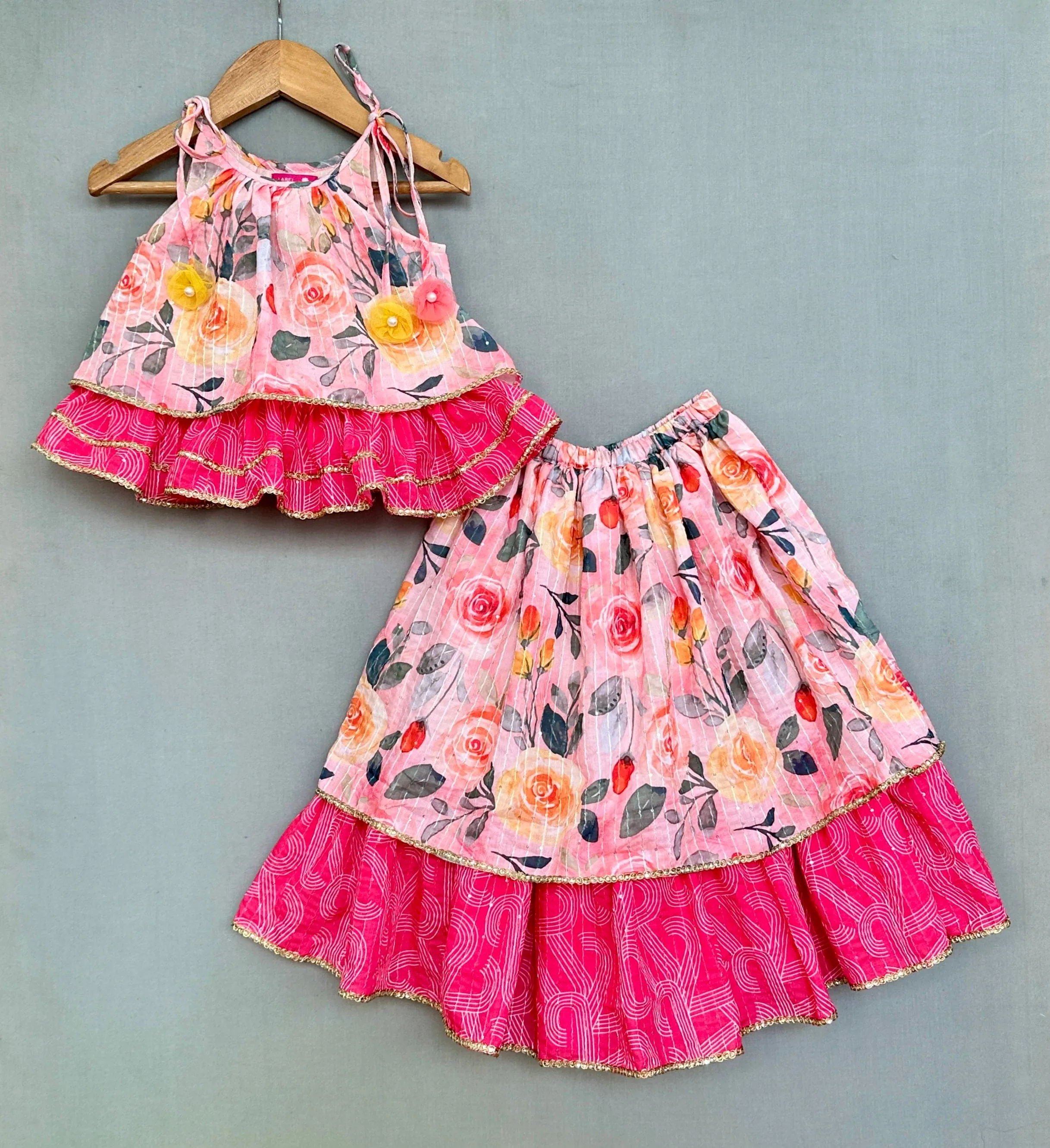 Pre-Order: Peach Blossom Print Tiered Lehenga With Top