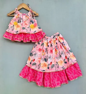 Pre-Order: Peach Blossom Print Tiered Lehenga With Top