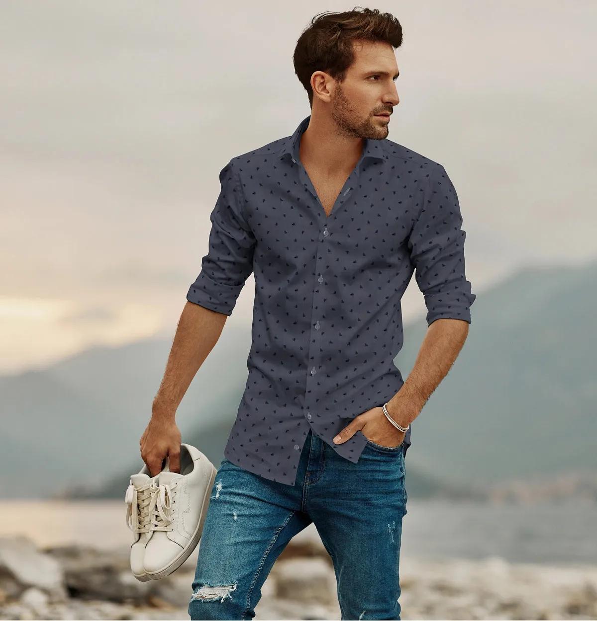 Pure Cotton - Semi-Spread Collar - Long Sleeve - Gray Palms