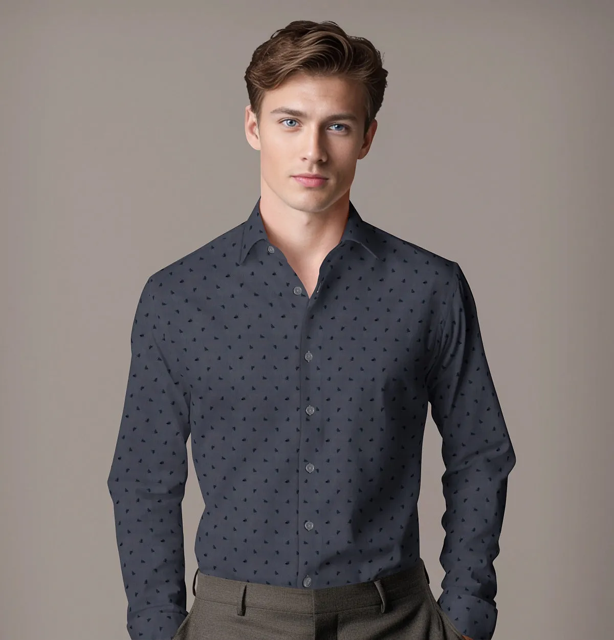 Pure Cotton - Semi-Spread Collar - Long Sleeve - Gray Palms