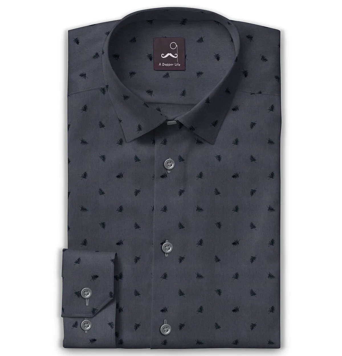 Pure Cotton - Semi-Spread Collar - Long Sleeve - Gray Palms