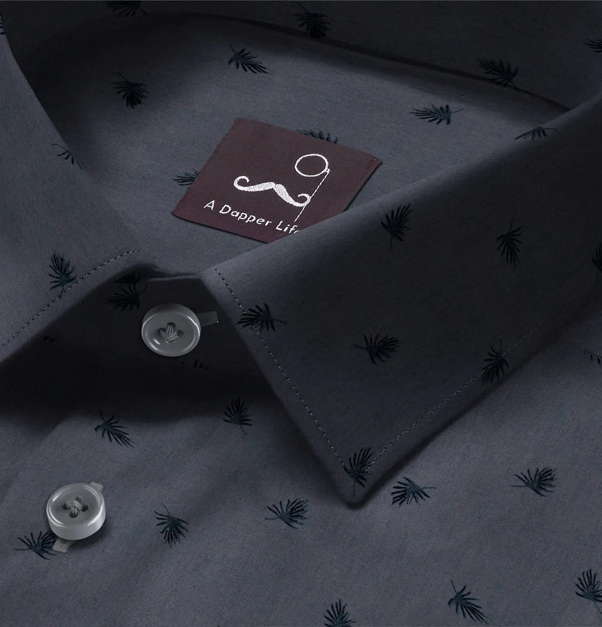 Pure Cotton - Semi-Spread Collar - Long Sleeve - Gray Palms