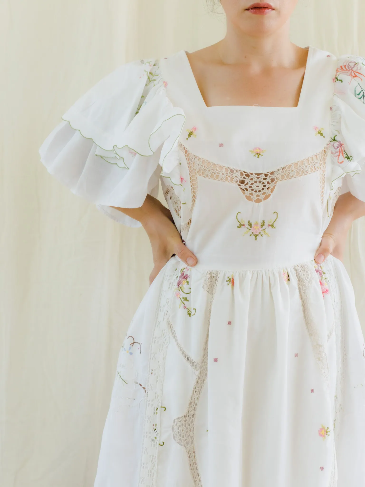 Re-Dress Upcycled Vintage Floral Embroidered White Maxi Dress