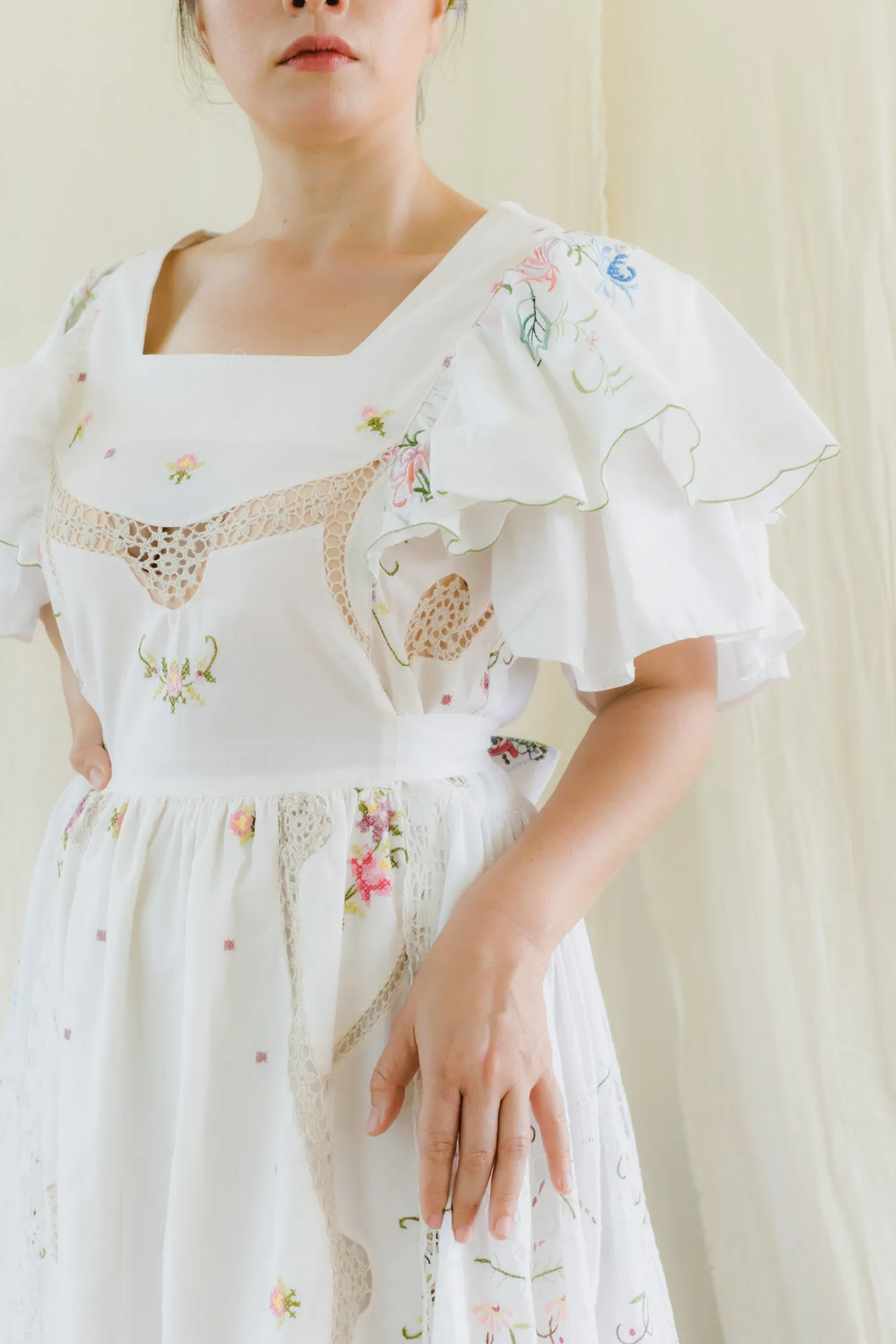 Re-Dress Upcycled Vintage Floral Embroidered White Maxi Dress