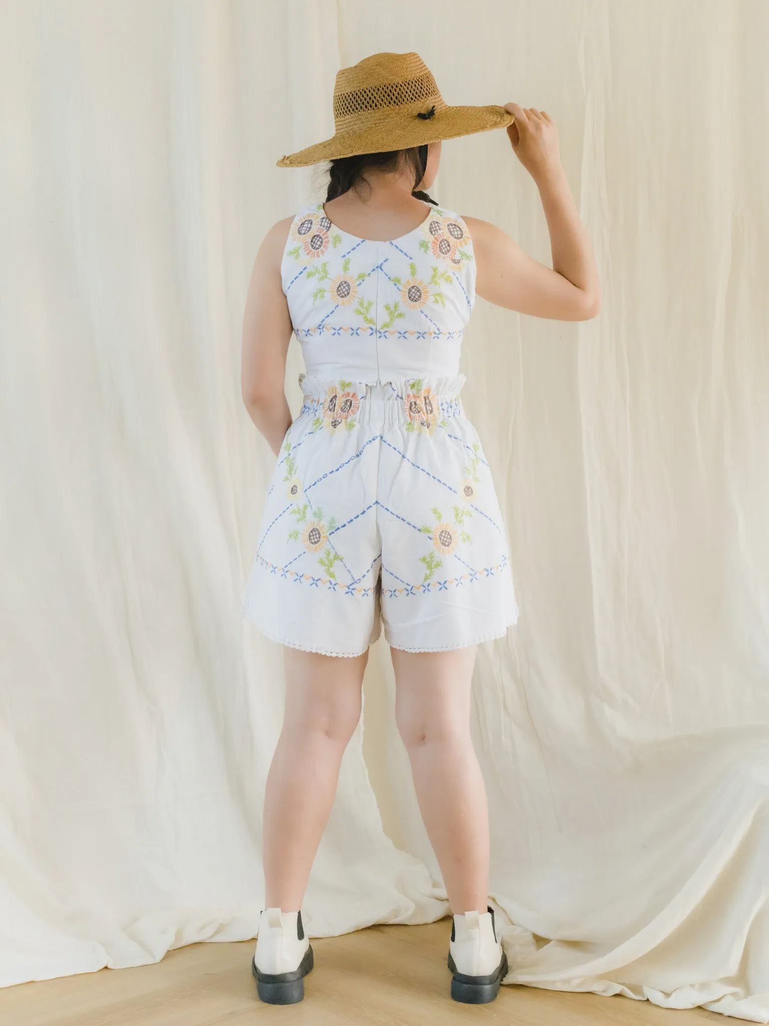 Re-Top & Shorts Upcycled Hand Embroidered Sunflower White Set