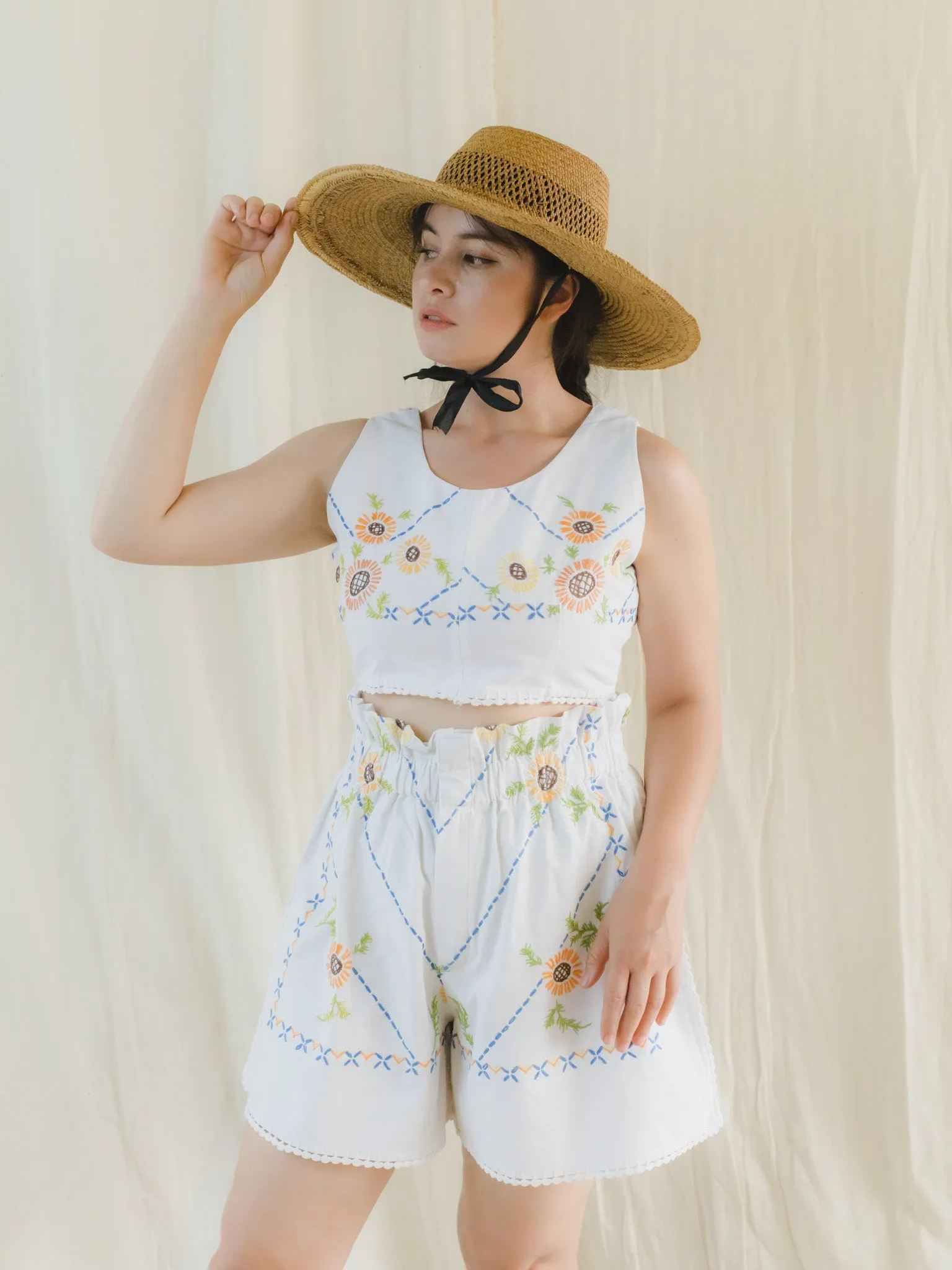 Re-Top & Shorts Upcycled Hand Embroidered Sunflower White Set
