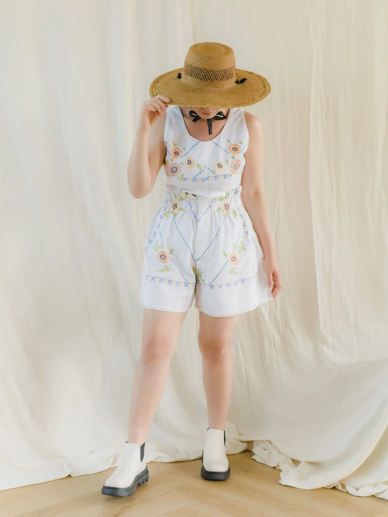 Re-Top & Shorts Upcycled Hand Embroidered Sunflower White Set