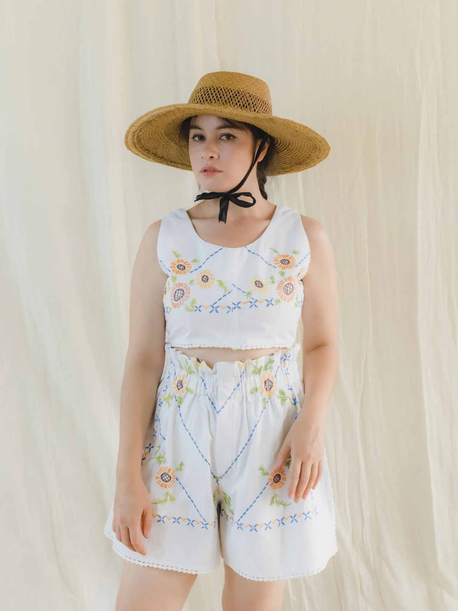 Re-Top & Shorts Upcycled Hand Embroidered Sunflower White Set