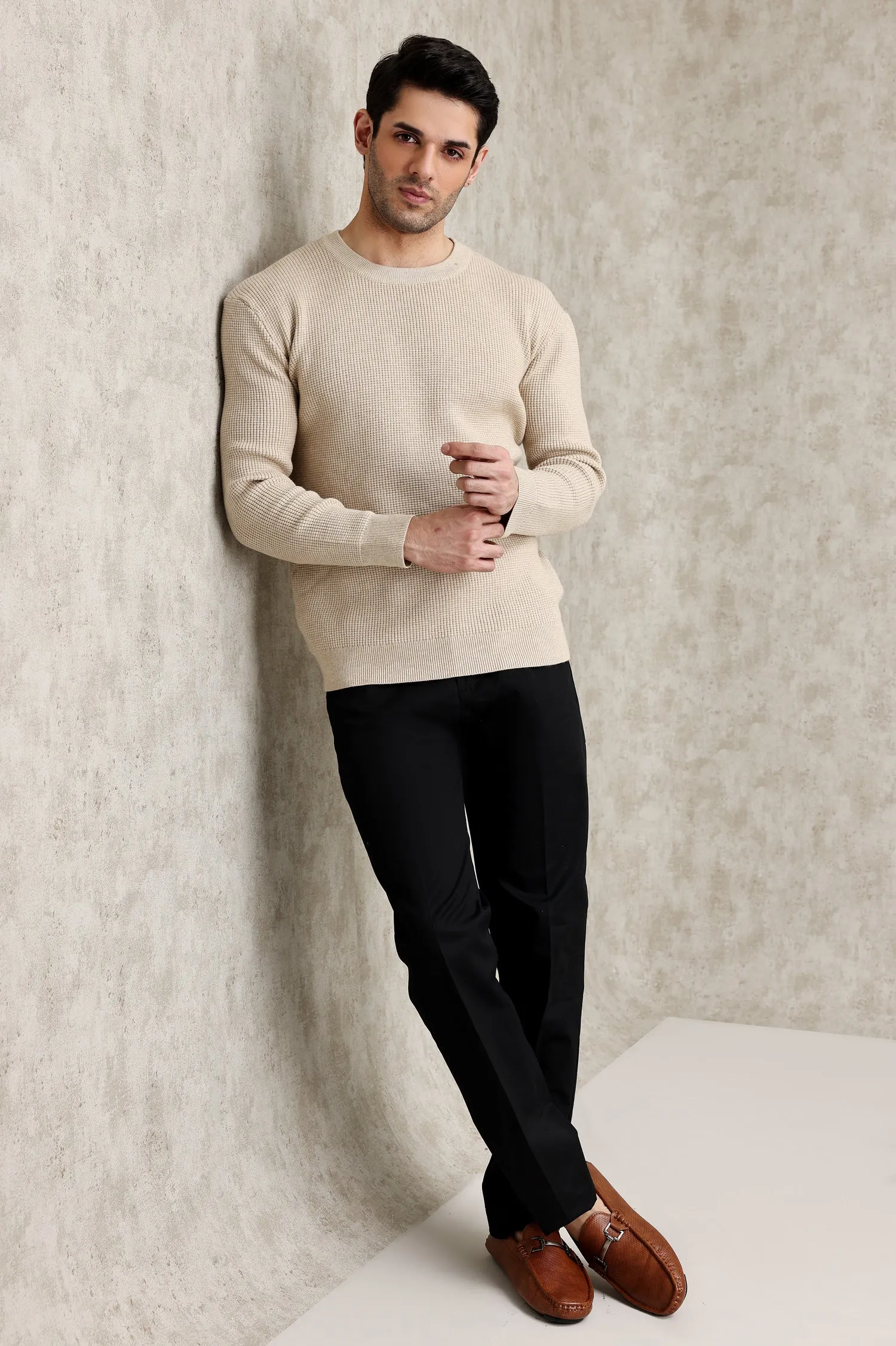 RIBBED CREWNECK SWEATER-BEIGE