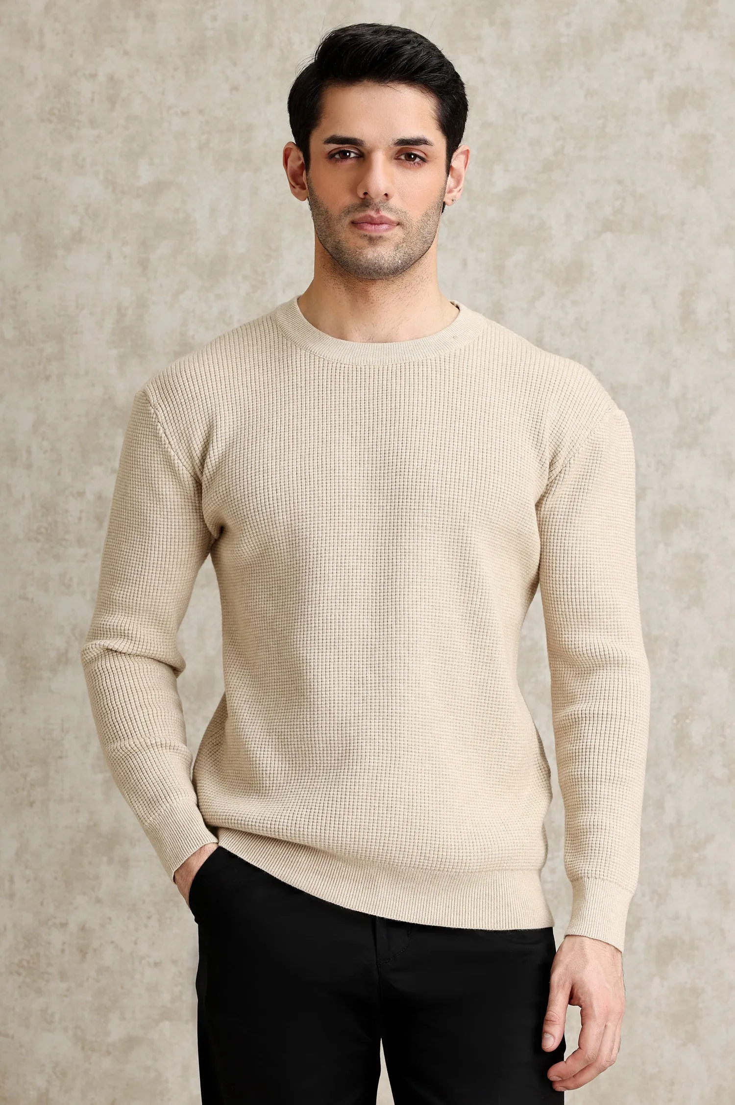 RIBBED CREWNECK SWEATER-BEIGE