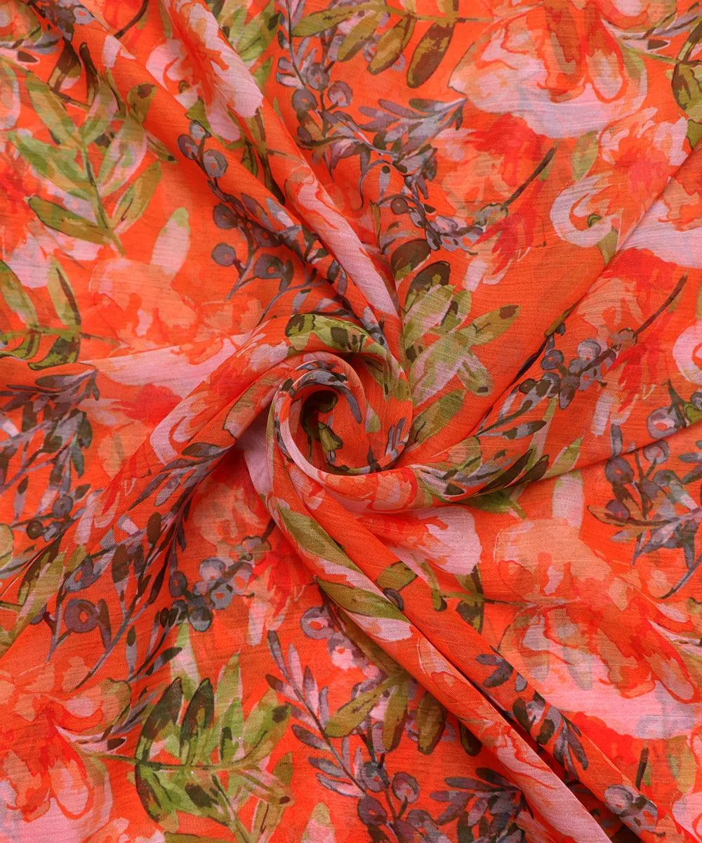 Rust Orange Colour Floral Print Chiffon Fabric