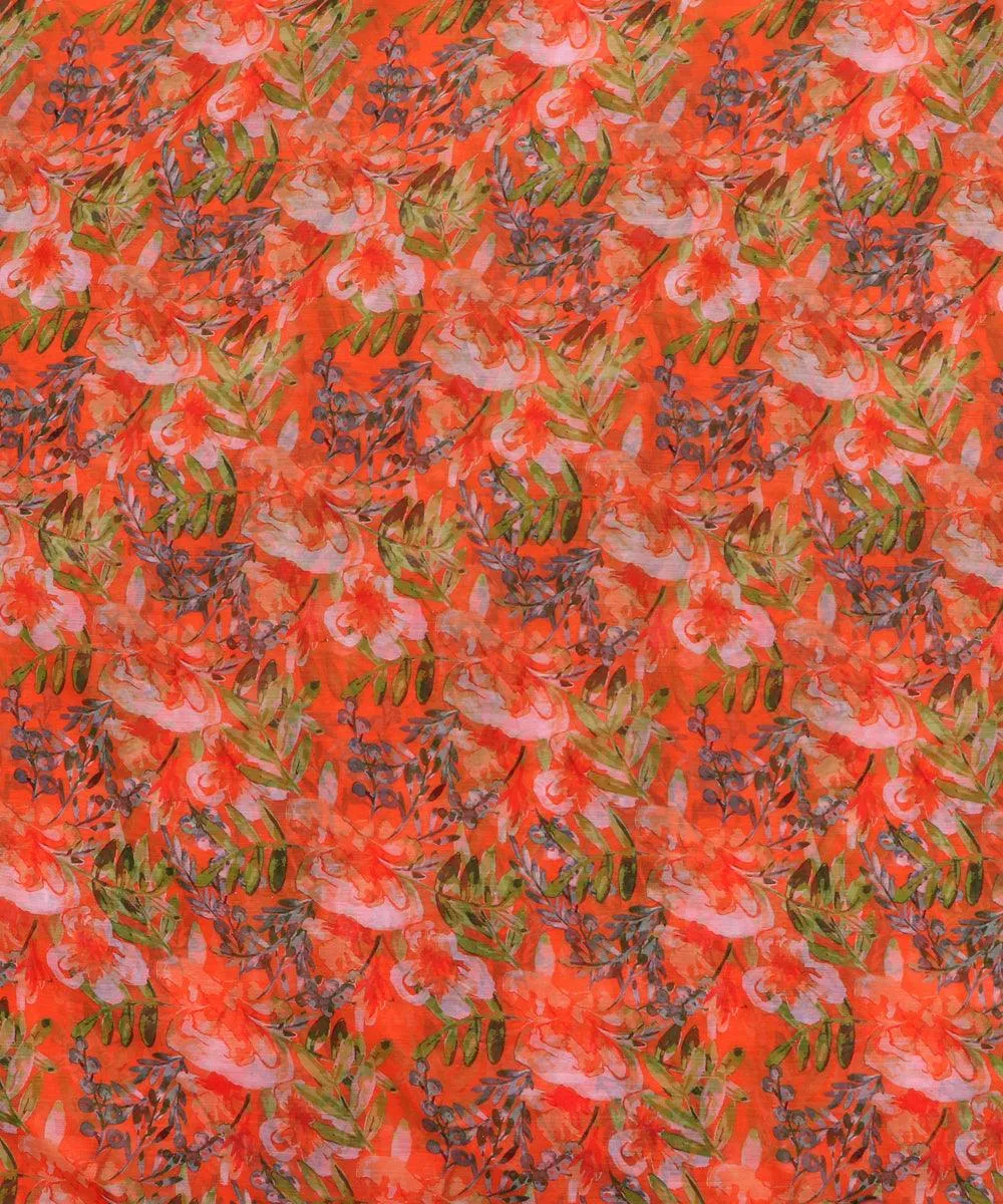 Rust Orange Colour Floral Print Chiffon Fabric