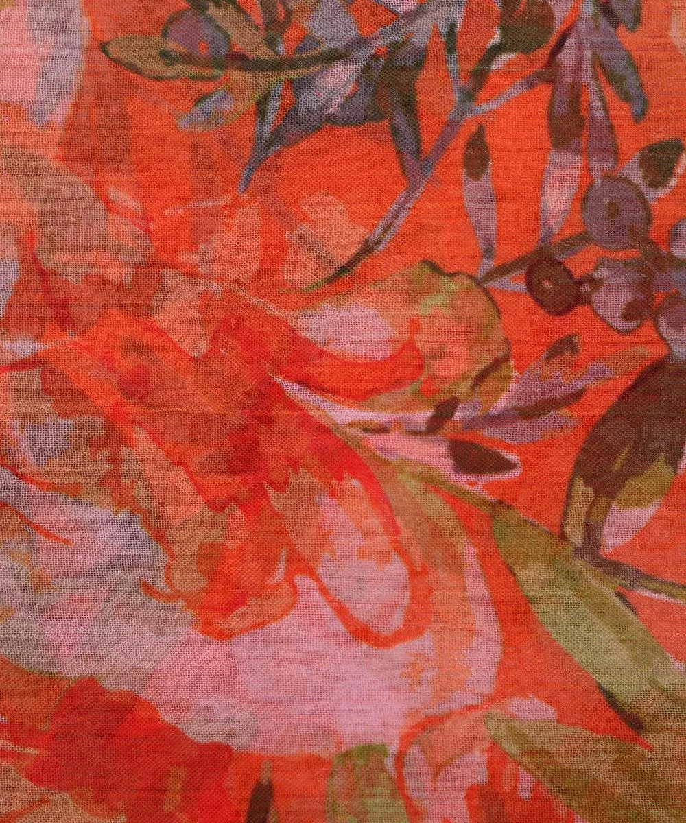 Rust Orange Colour Floral Print Chiffon Fabric