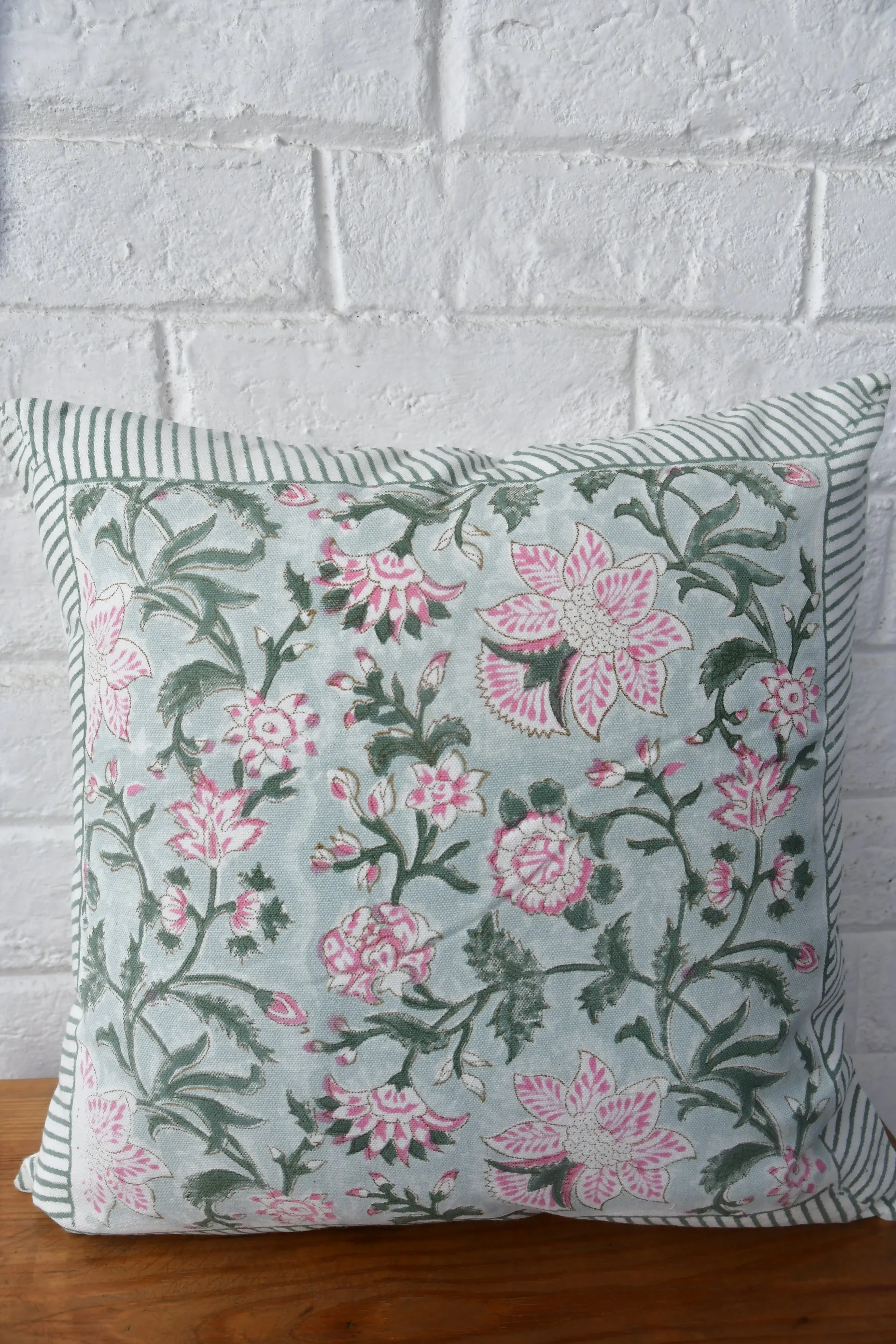 Sea Green & Pink Floral Cushion: Coastal Charm Meets Indian Block Prints