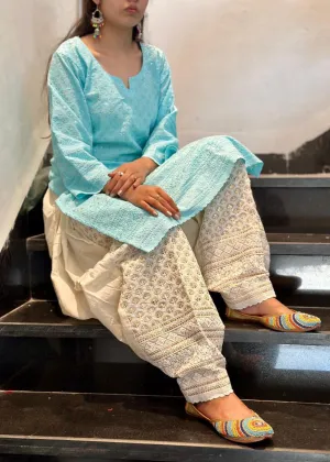 Sky Blue Golden Sequence Chikan Patiala Ensemble