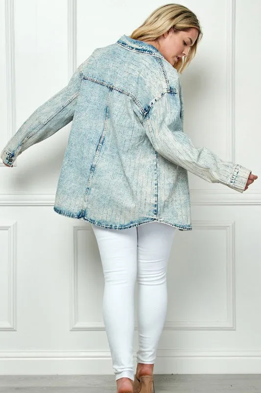 Snow Med Wash Stripe RhineStone Extra Long Sleeve Denim Shacket