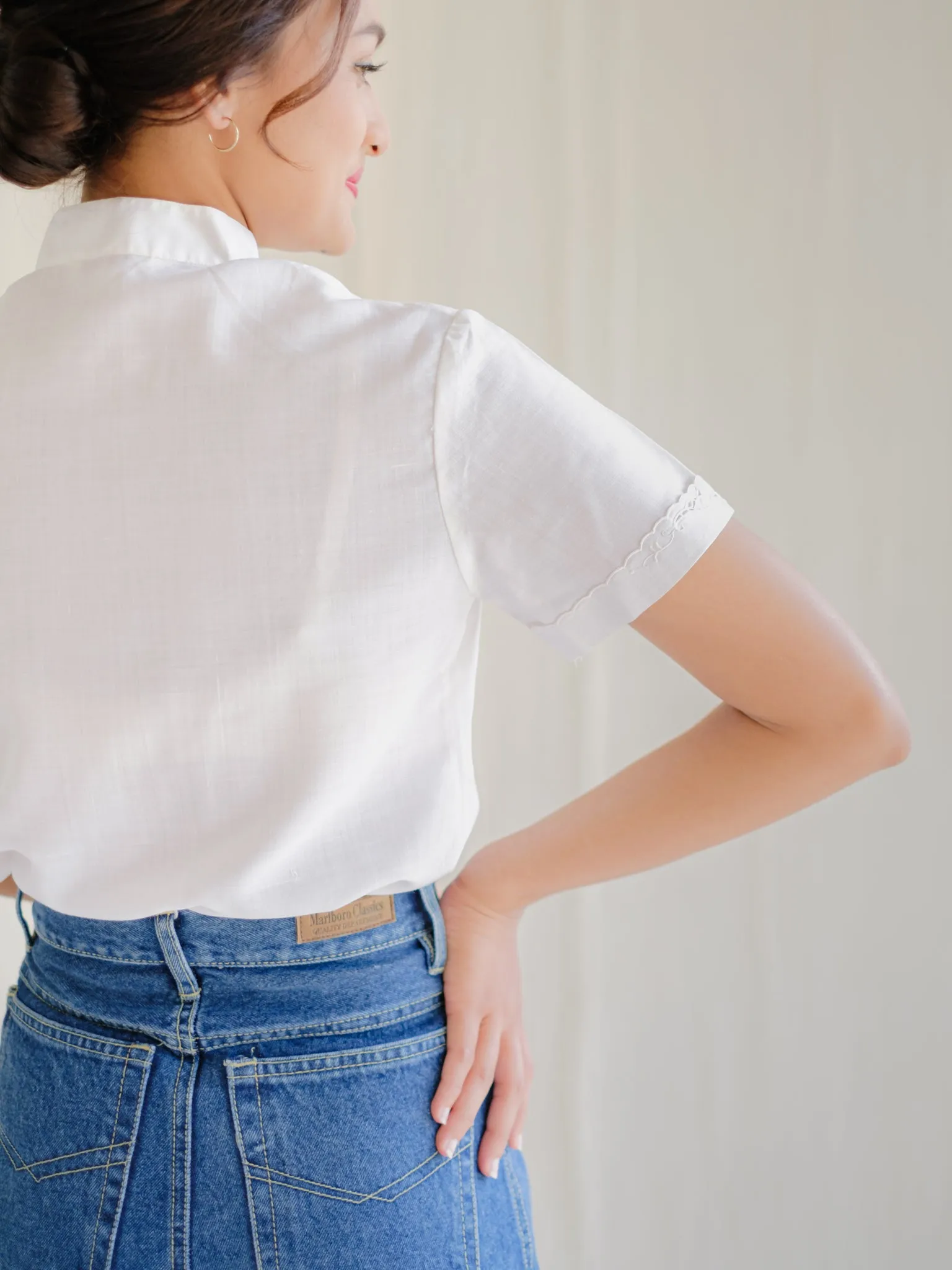 Vintage Embroidered Mandarin Neck Floral White Blouse