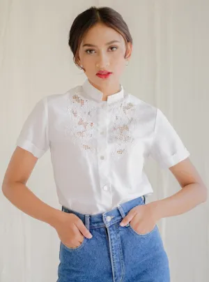 Vintage Embroidered Mandarin Neck Floral White Blouse