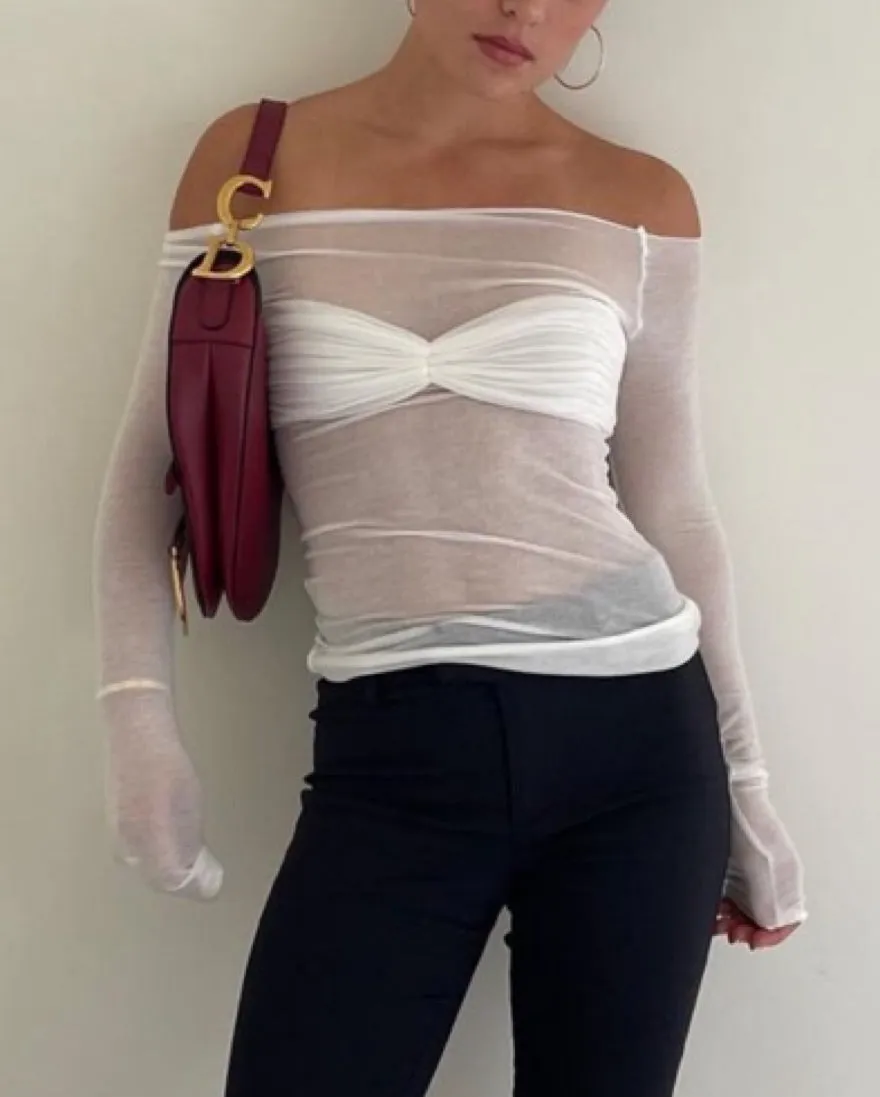 White Long Sleeve Charming Sheer Smocked Top