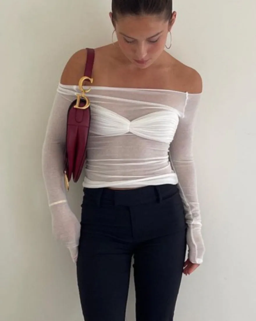 White Long Sleeve Charming Sheer Smocked Top