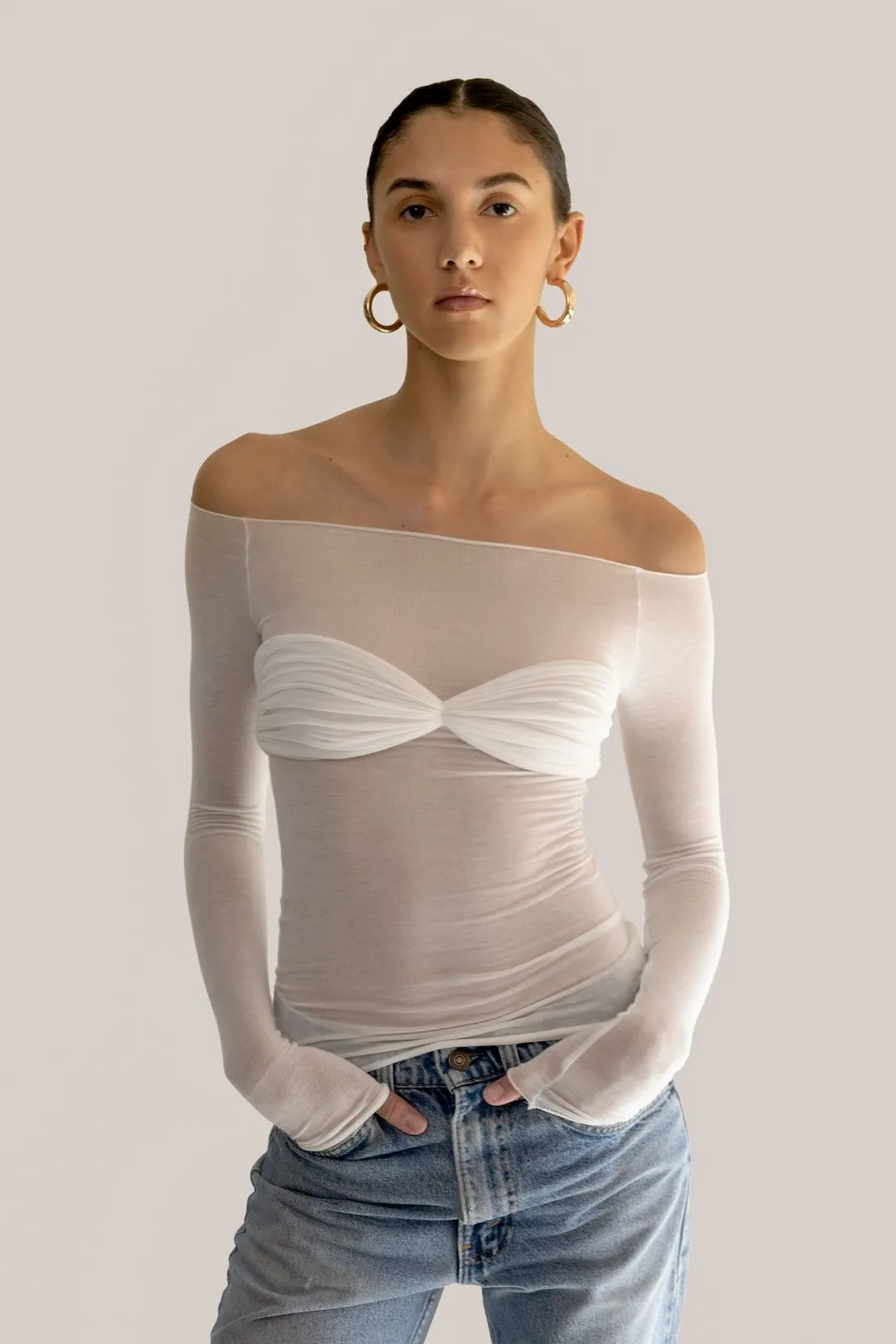 White Long Sleeve Charming Sheer Smocked Top