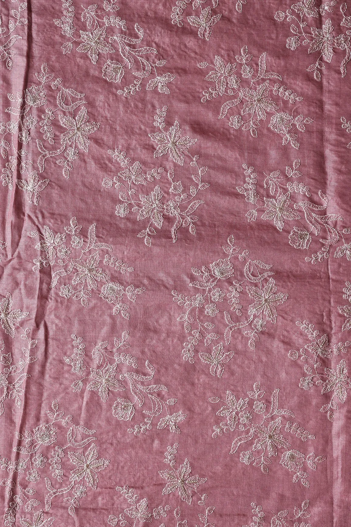 White Thread With Gold Sequins Floral Embroidery On Mauve Pure Bamboo Silk Fabric
