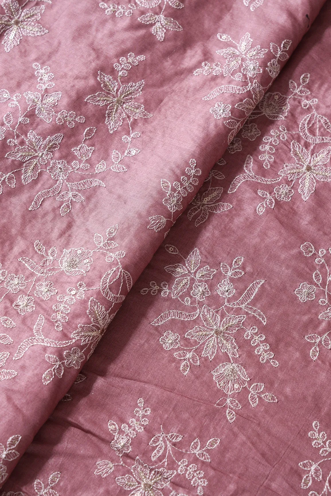 White Thread With Gold Sequins Floral Embroidery On Mauve Pure Bamboo Silk Fabric