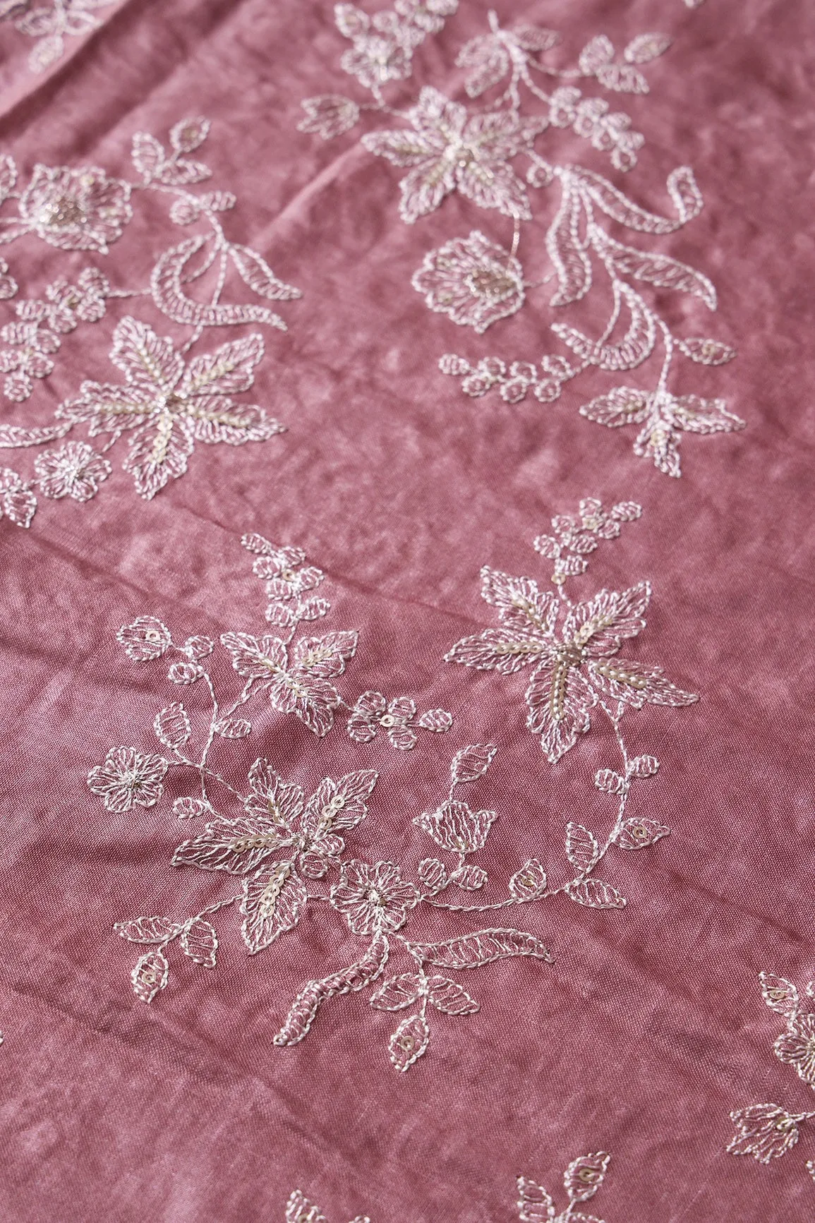 White Thread With Gold Sequins Floral Embroidery On Mauve Pure Bamboo Silk Fabric