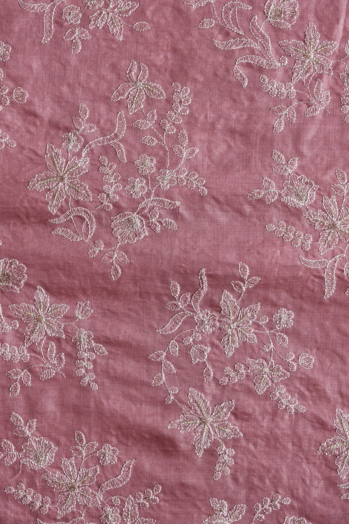 White Thread With Gold Sequins Floral Embroidery On Mauve Pure Bamboo Silk Fabric