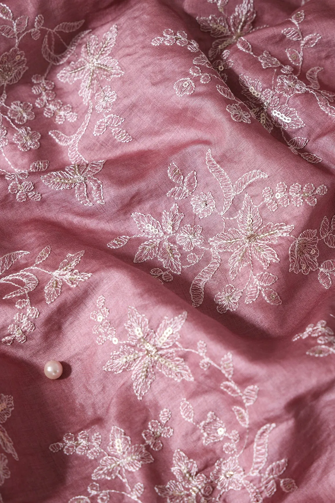 White Thread With Gold Sequins Floral Embroidery On Mauve Pure Bamboo Silk Fabric