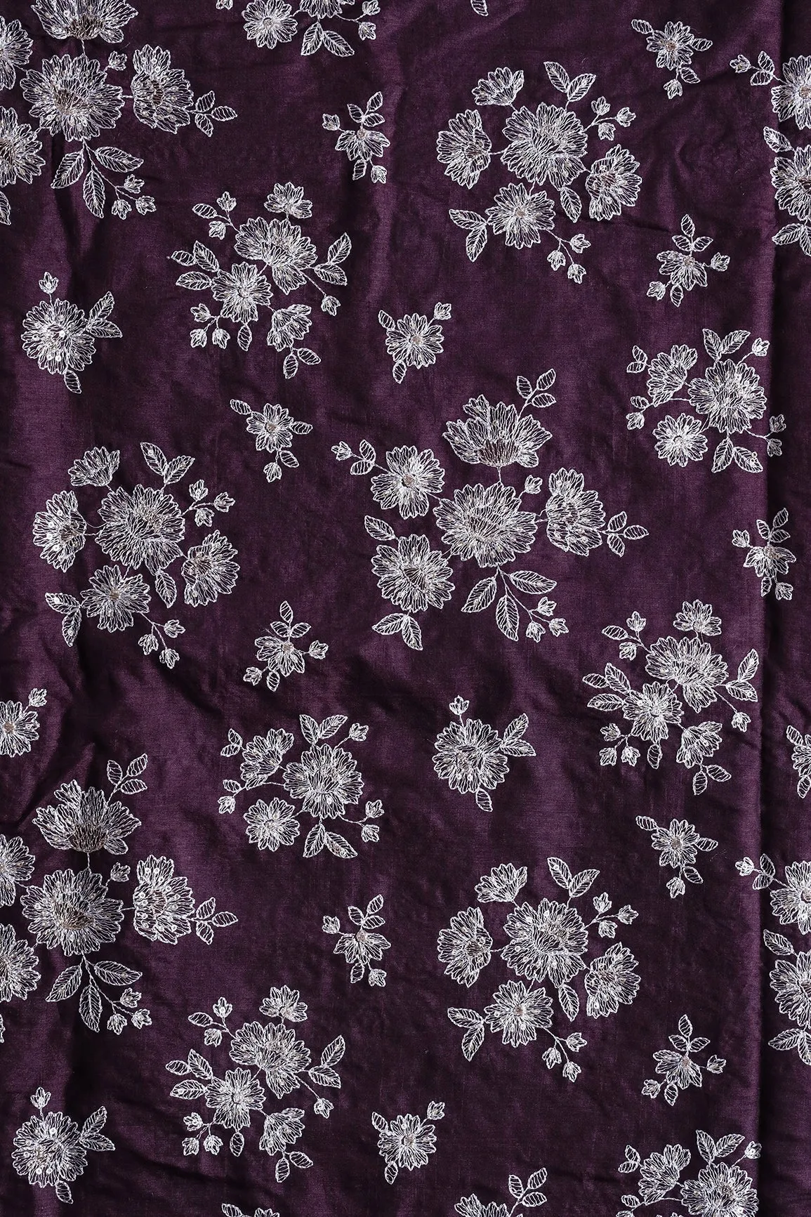 White Thread With Gold Sequins Floral Embroidery On Wine Pure Bamboo Silk Fabric