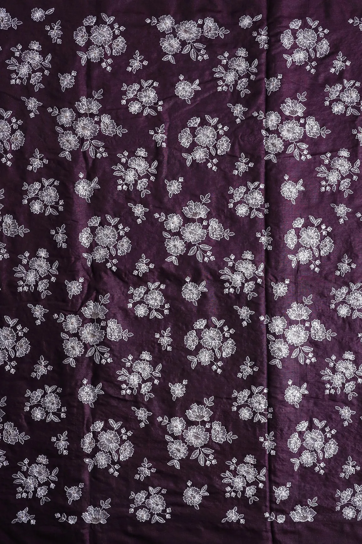 White Thread With Gold Sequins Floral Embroidery On Wine Pure Bamboo Silk Fabric