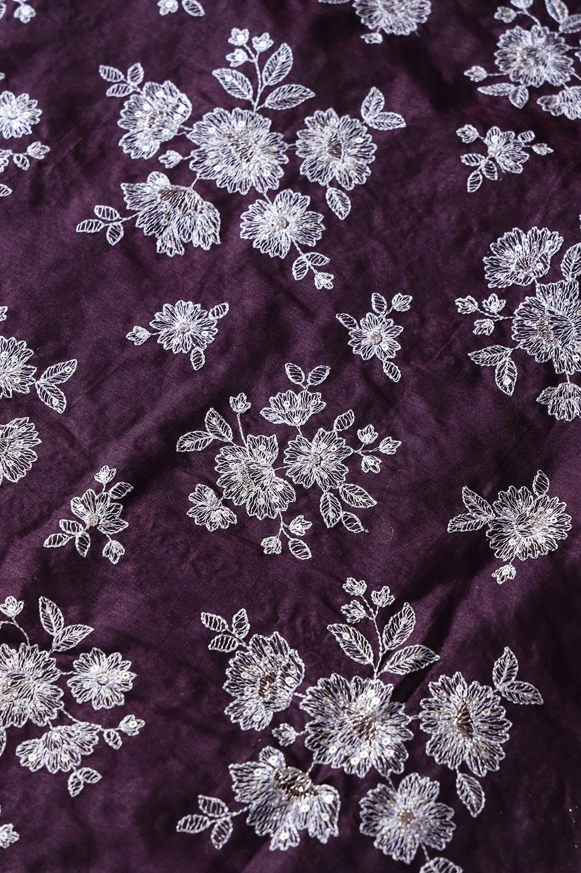 White Thread With Gold Sequins Floral Embroidery On Wine Pure Bamboo Silk Fabric