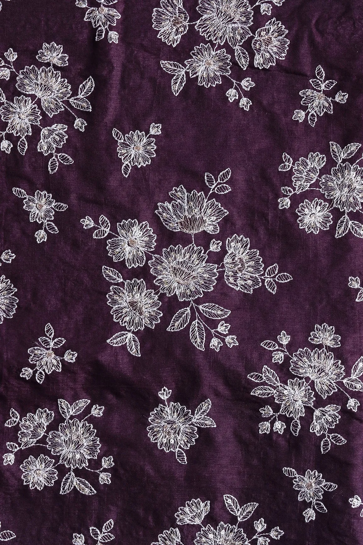 White Thread With Gold Sequins Floral Embroidery On Wine Pure Bamboo Silk Fabric