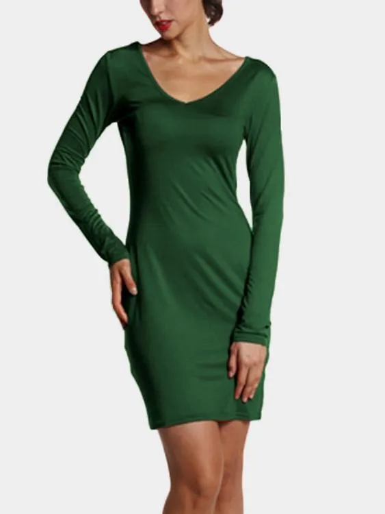Wholesale Army Green Deep V Neck Long Sleeve Plain Dresses
