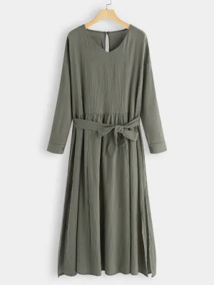Wholesale Army Green V-Neck Long Sleeve Plain Pleated Belt Self-Tie Slit Hem Dresses
