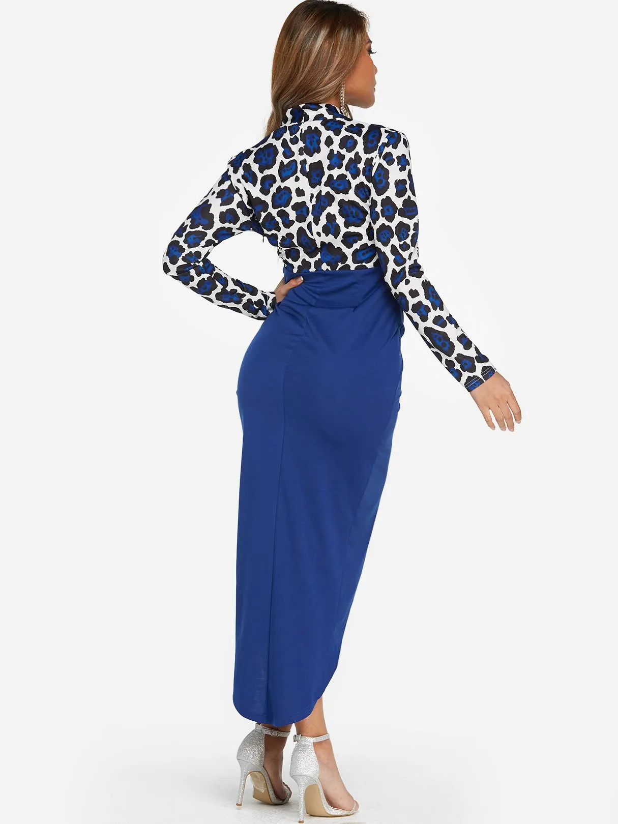 Wholesale Blue Deep V Neck Long Sleeve Leopard Pleated Slit Hem Dresses