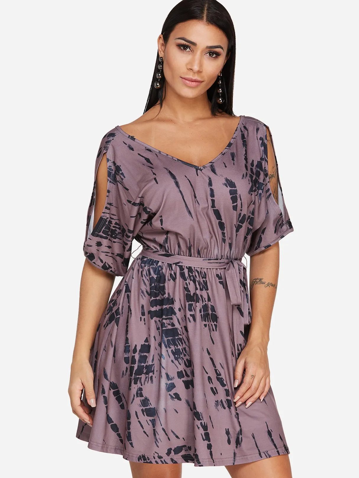 Wholesale Coffee V-Neck Short Sleeve Plain Cut Out Belt Dresses