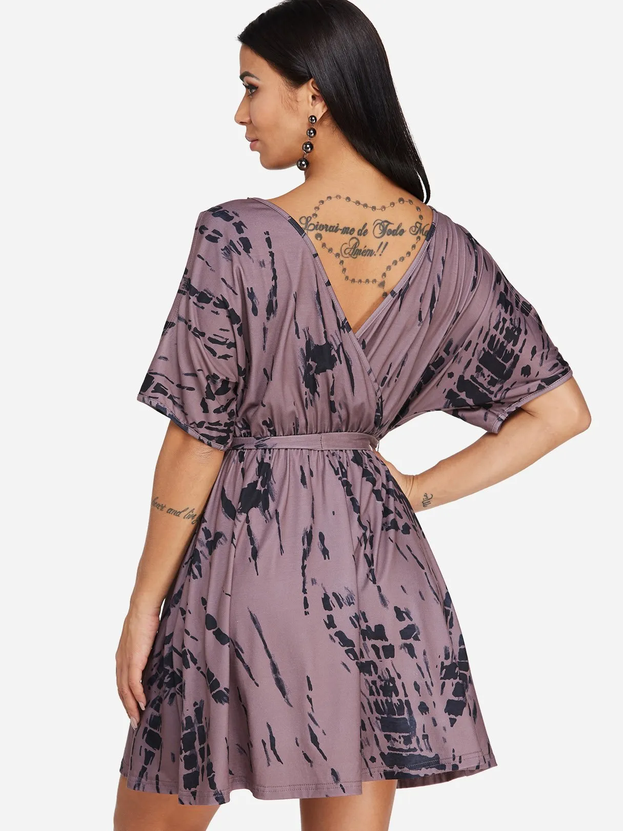 Wholesale Coffee V-Neck Short Sleeve Plain Cut Out Belt Dresses