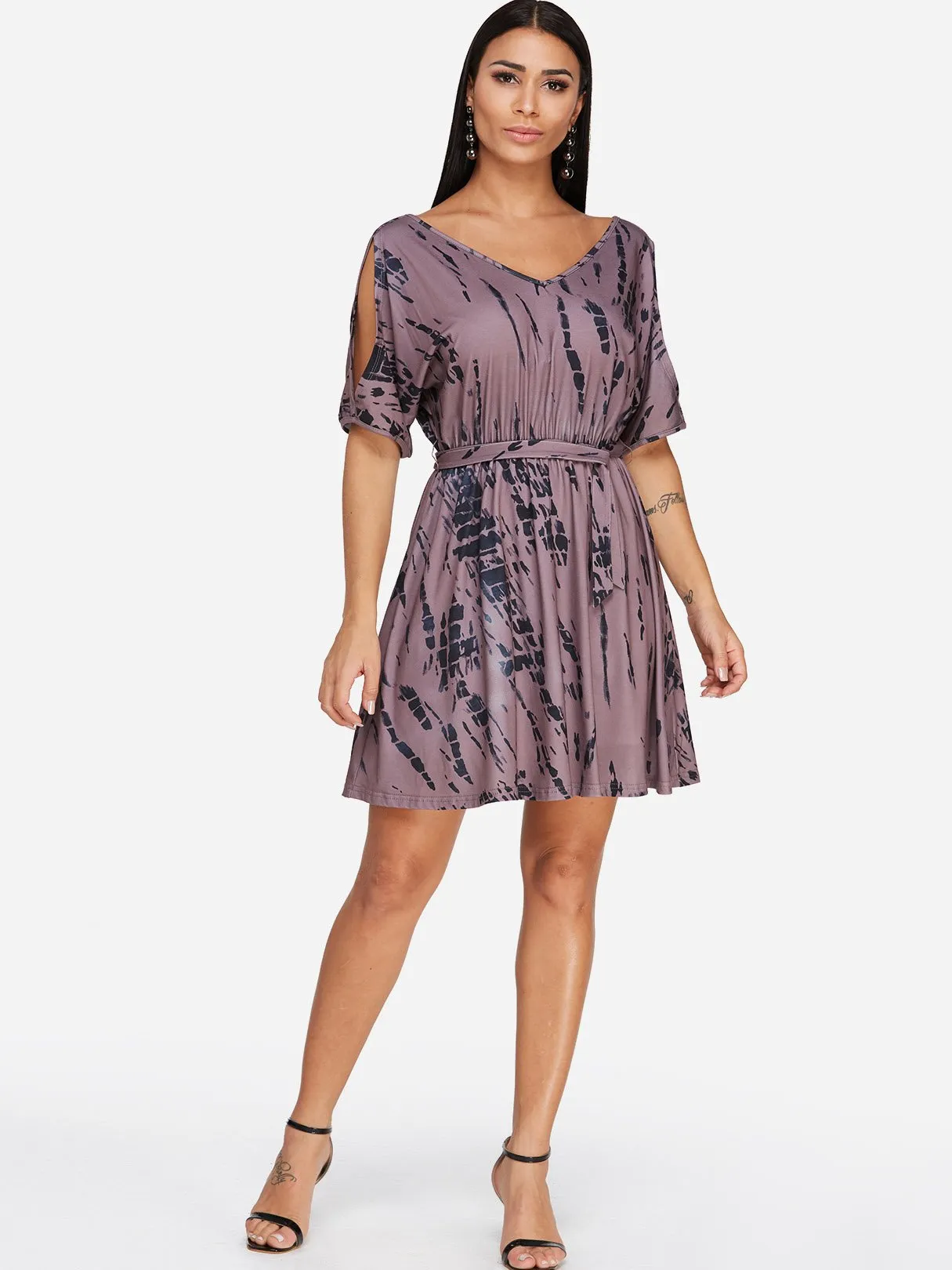 Wholesale Coffee V-Neck Short Sleeve Plain Cut Out Belt Dresses
