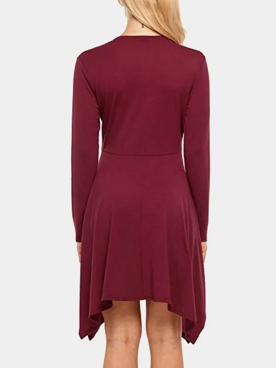 Wholesale Deep V-Neck Wrap Long Sleeve Irregular Hem Burgundy Dresses