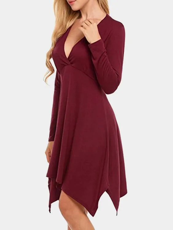 Wholesale Deep V-Neck Wrap Long Sleeve Irregular Hem Burgundy Dresses