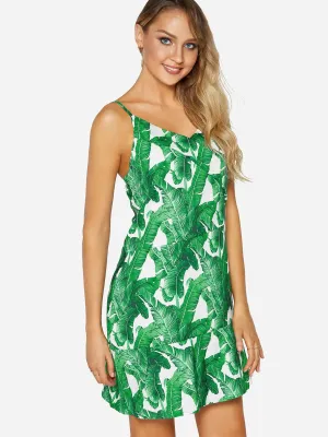 Wholesale Green V-Neck Sleeveless Floral Print Backless Spaghetti Strap Flounced Hem Dresses