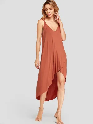 Wholesale Orange V-Neck Sleeveless Plain Crossed Front Backless Criss-Cross Slit Hem Dresses