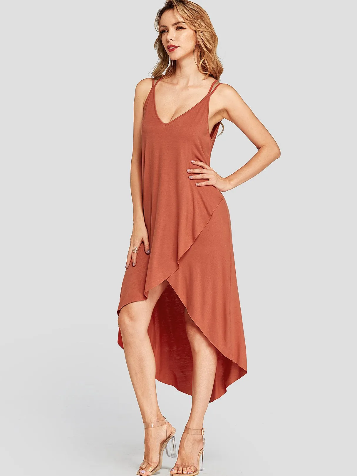 Wholesale Orange V-Neck Sleeveless Plain Crossed Front Backless Criss-Cross Slit Hem Dresses