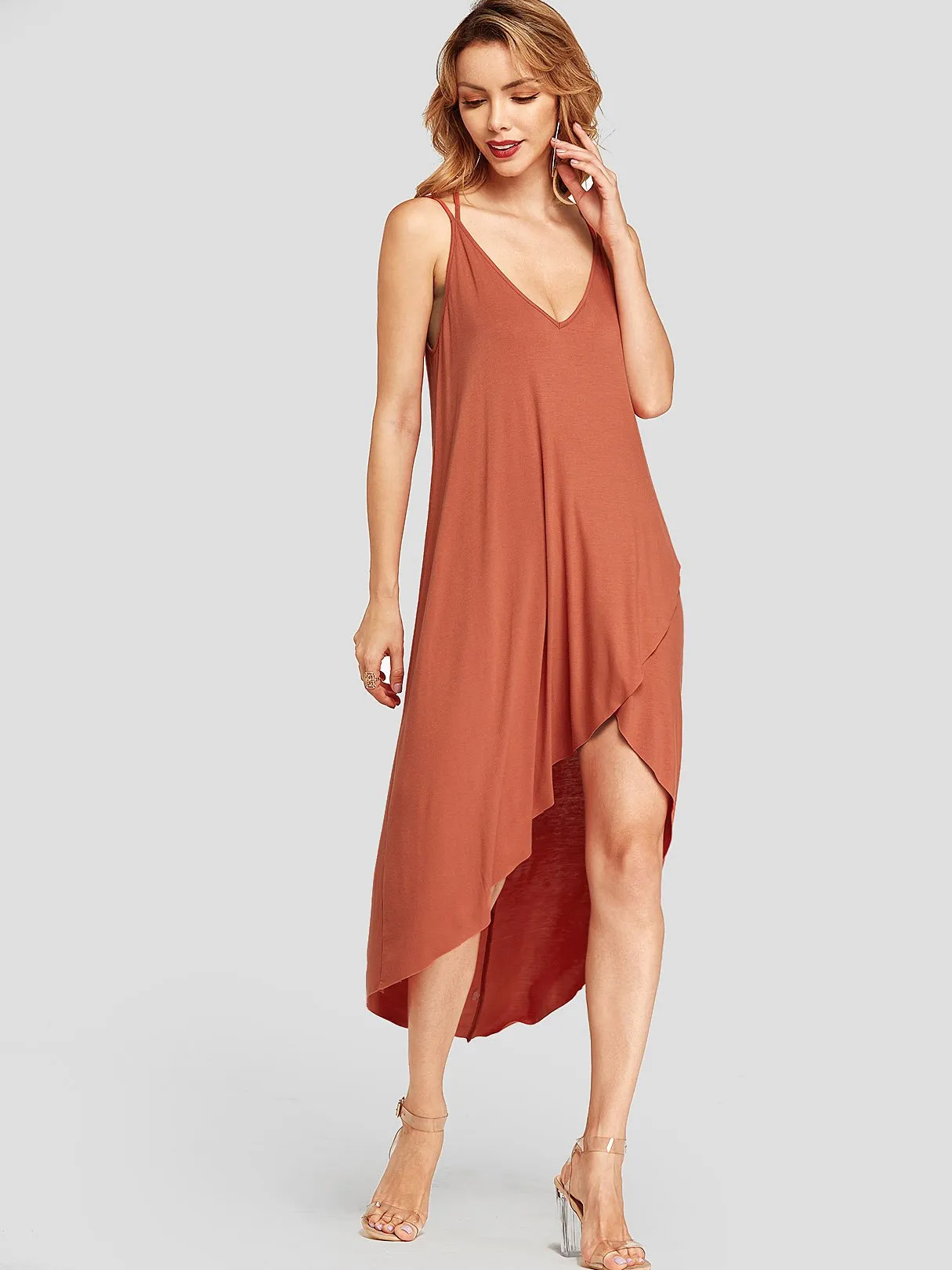 Wholesale Orange V-Neck Sleeveless Plain Crossed Front Backless Criss-Cross Slit Hem Dresses