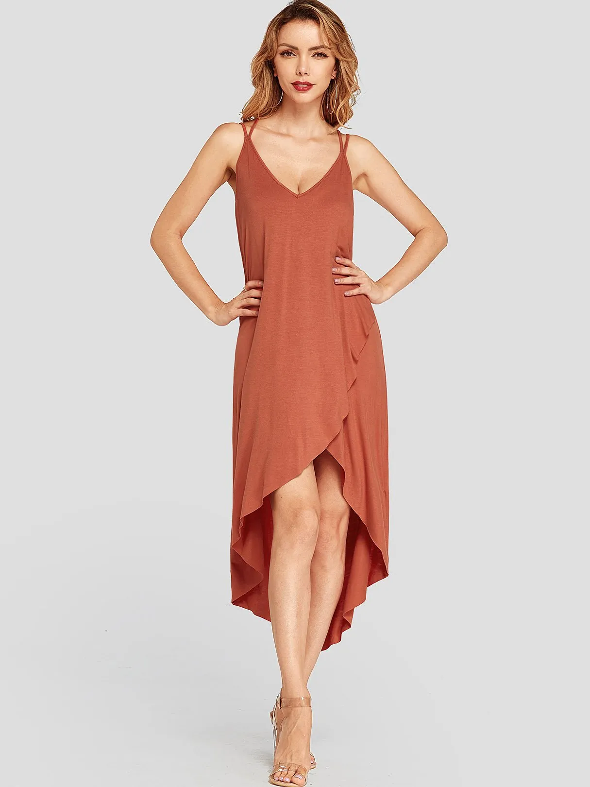 Wholesale Orange V-Neck Sleeveless Plain Crossed Front Backless Criss-Cross Slit Hem Dresses