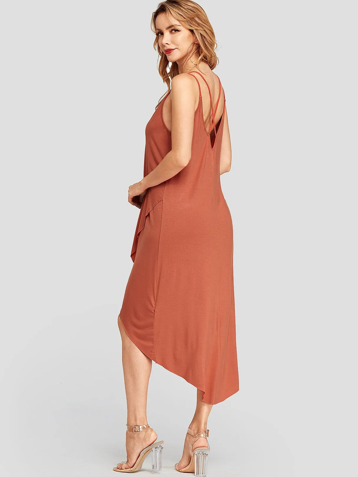 Wholesale Orange V-Neck Sleeveless Plain Crossed Front Backless Criss-Cross Slit Hem Dresses